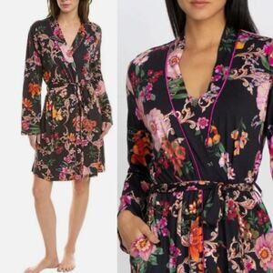 Johnny Was Women's Pocca Sleep Robe L Black Pink Floral Kimono Sleepewear *READ